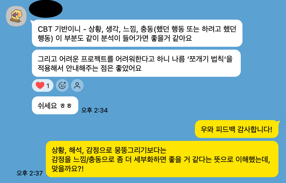 이름이 가려진 피드백 대화: 상황과 생각, 느낌, 충동을 함께 분석해달라는 제안과 개발자의 확인 질문