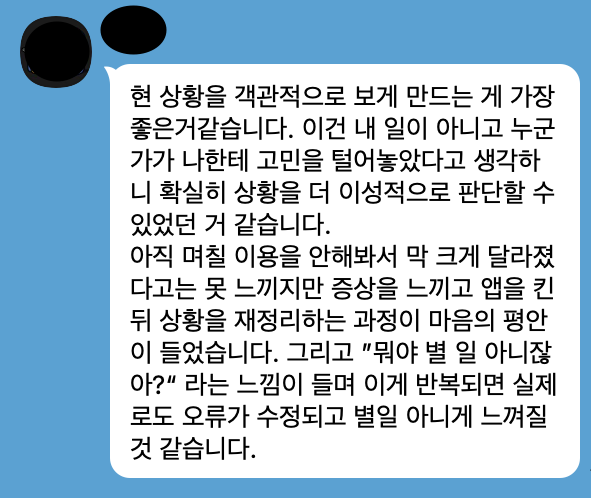익명 후기: 아직 며칠 이용하지 않아 크게 달라졌다고 느끼지는 않지만, 상황을 재정리하는 과정에서 마음이 편해졌다는 내용